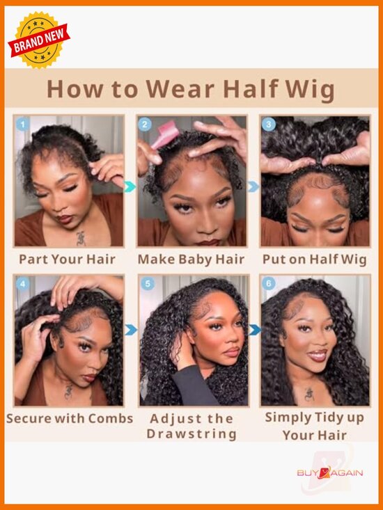 Kinky Curly Half Wig Human Hair 200% Density 3 In 1 Glueless  display picture 2